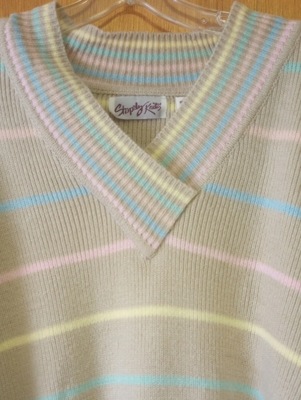 Stapely Knits Striped Oversized Vtg Sweater. Tan Pink Peach Yellow Green Blue